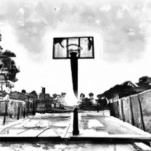 Wide shot Sun goes down, wide shot on an empty basketball playground in a backyard in New York City