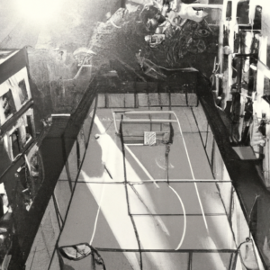 High angle Sun goes down, wide shot on an empty basketball playground in a backyard in New York City