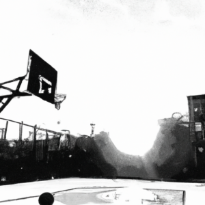 Low angle Sun goes down, wide shot on an empty basketball playground in a backyard in New York City