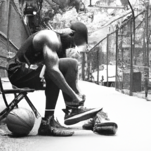 Medium shot of a basketball player lacing up his Air Jordan shoes in a background New York City backyard basketball playground