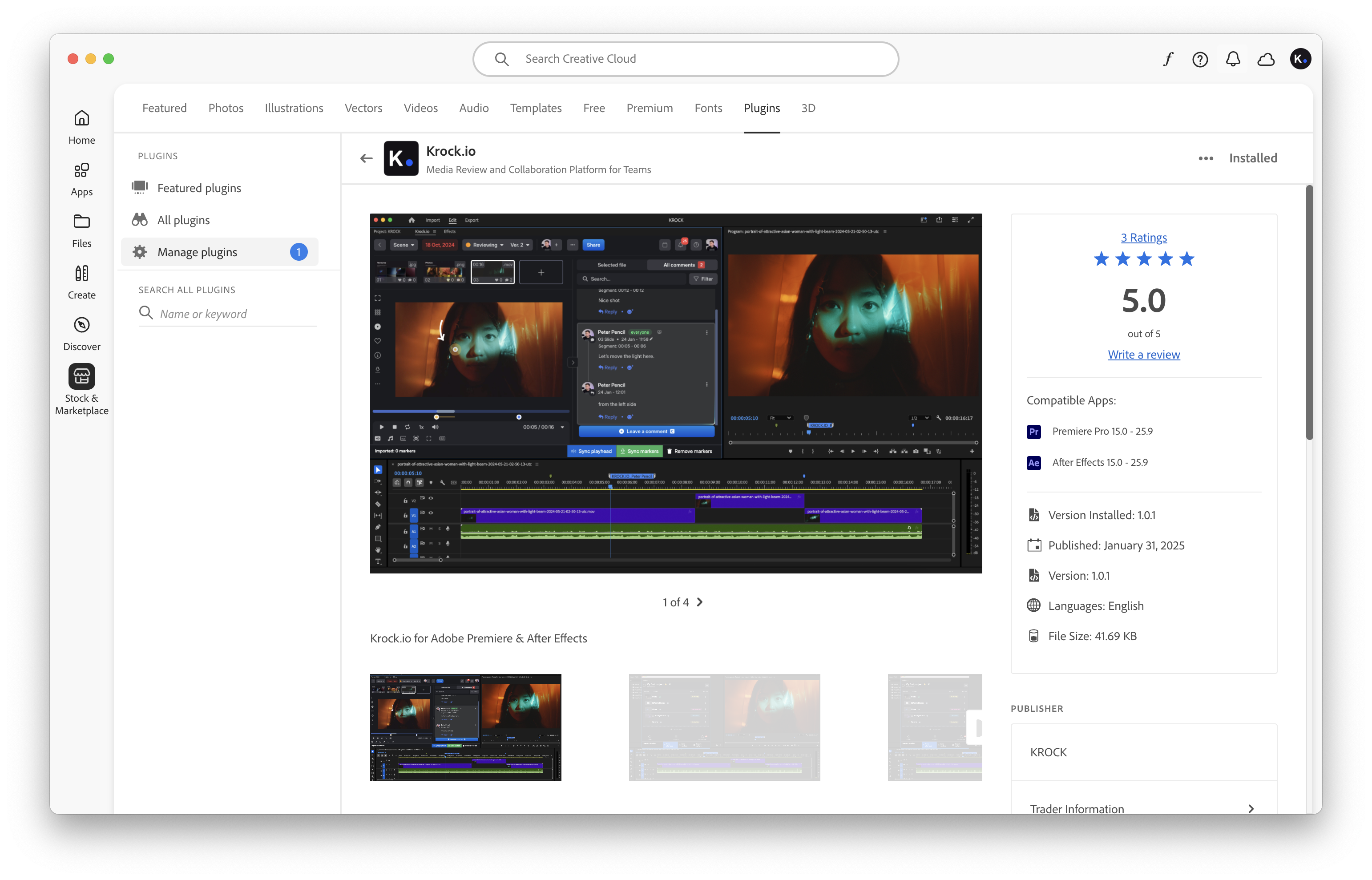 Krock.io plugin for Adobe Premiere and After Effects on Adobe Creatove Cloud marketplace